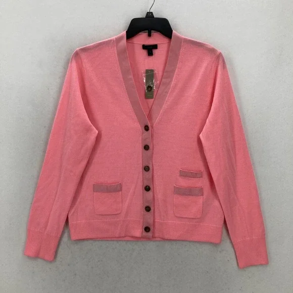 J Crew Harlow Sweater Womens XL Pink Merino Wool Cardigan Ribbon Trim  Pockets